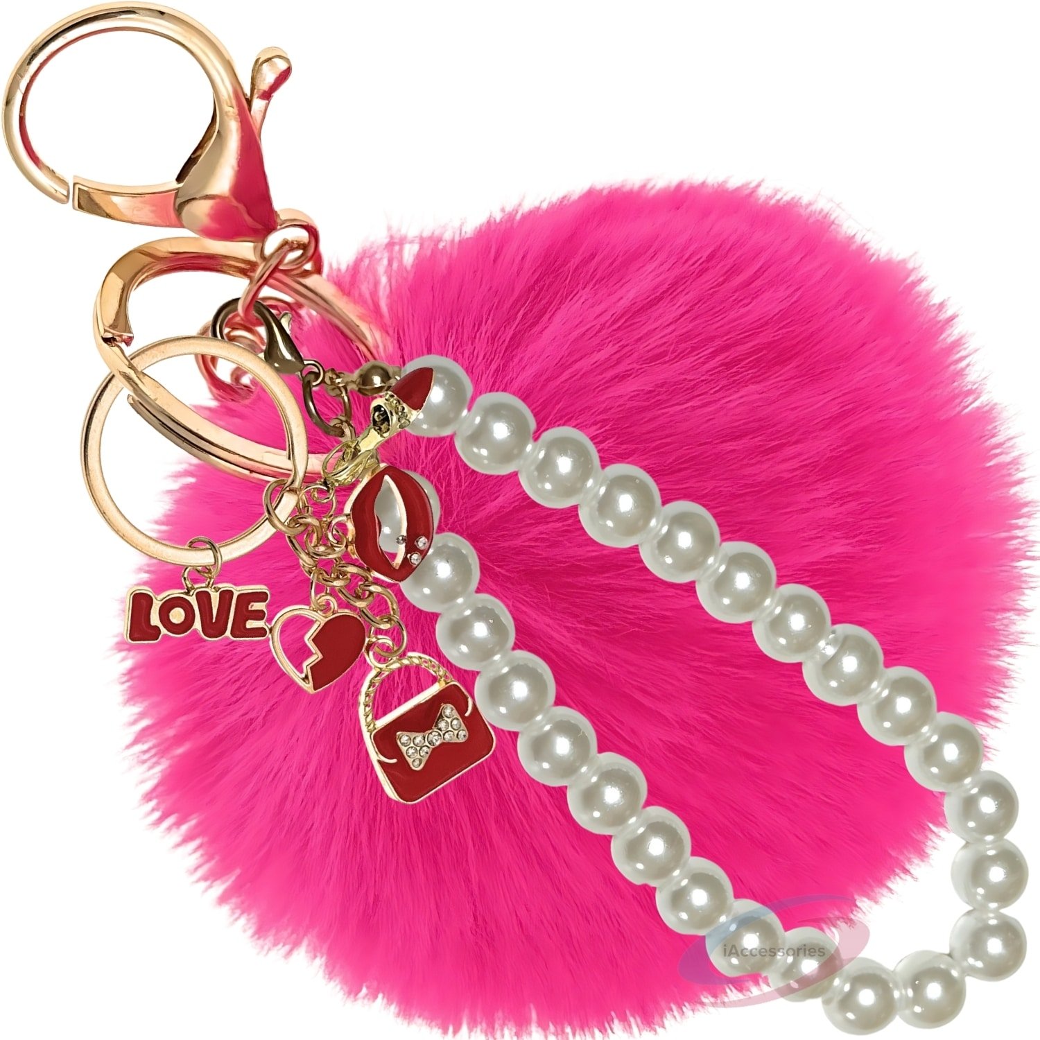 iAccessories Fluffy Faux Fur Pearl Fashion Pom Pom Keychain Charm for Girls Bags, Wallets and Luggage – Hot Pink-1