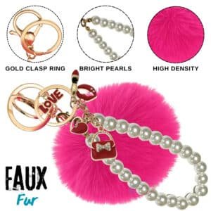 Hot Pink Fluffy Pom Pom Keychain – iAccessories Faux Fur Pearl Bag Charm for Girls