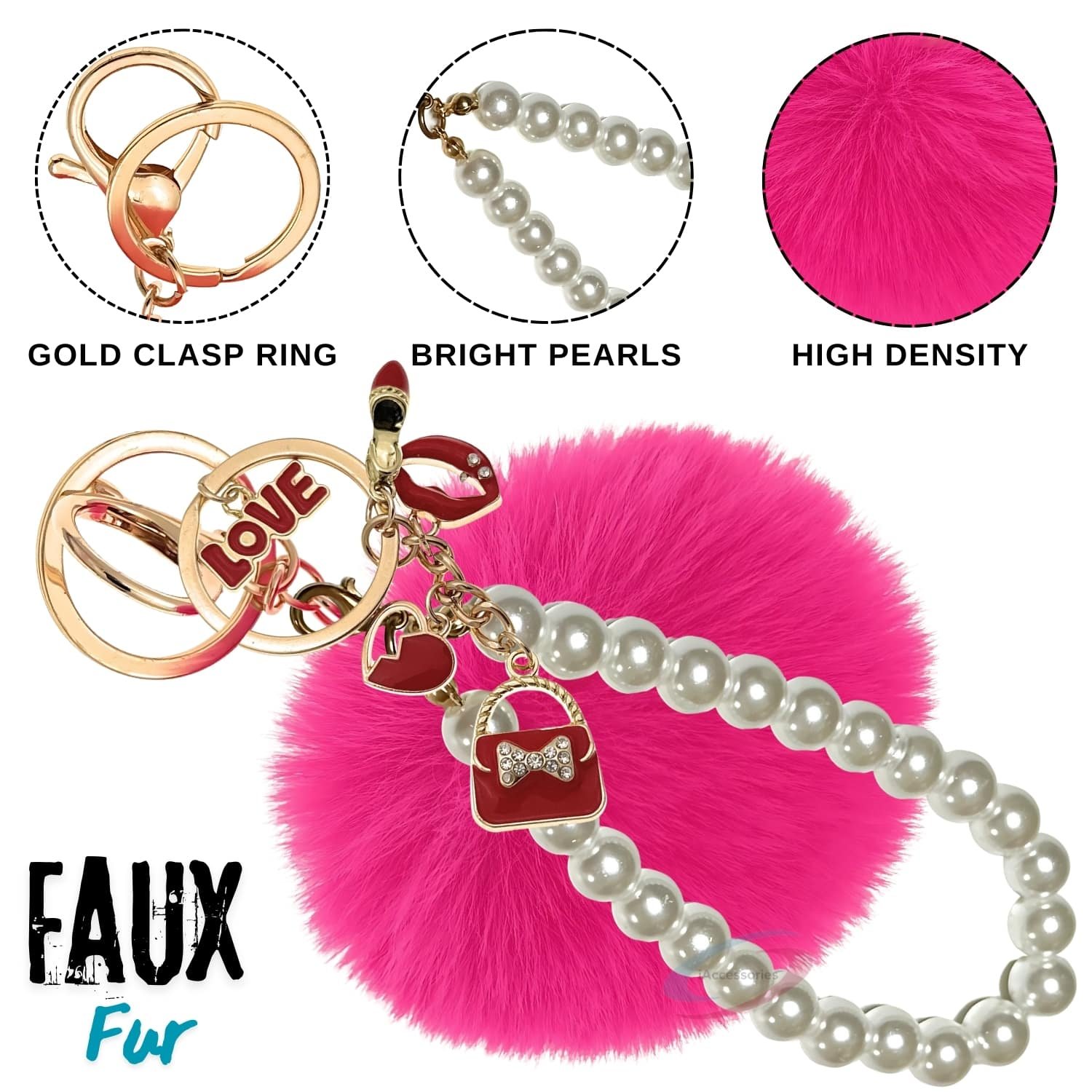 iAccessories Fluffy Faux Fur Pearl Fashion Pom Pom Keychain Charm for Girls Bags, Wallets and Luggage - Hot Pink-3