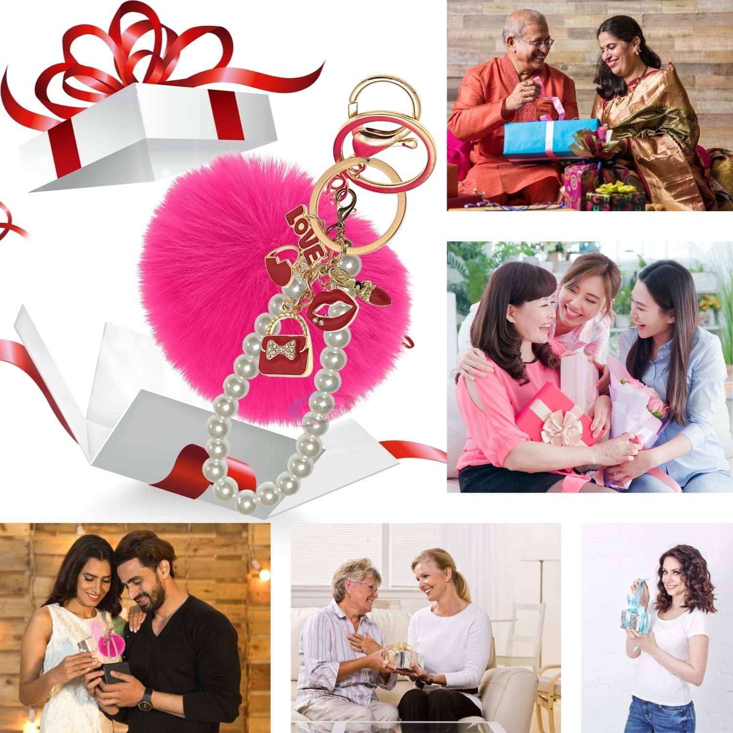 iAccessories Fluffy Faux Fur Pearl Fashion Pom Pom Keychain Charm for Girls Bags, Wallets and Luggage – Hot Pink-4