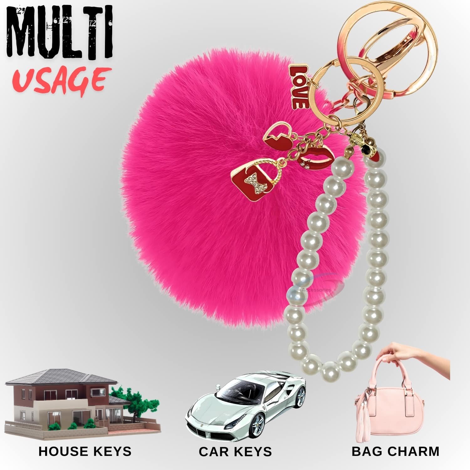 iAccessories Fluffy Faux Fur Pearl Fashion Pom Pom Keychain Charm for Girls Bags, Wallets and Luggage – Hot Pink-5