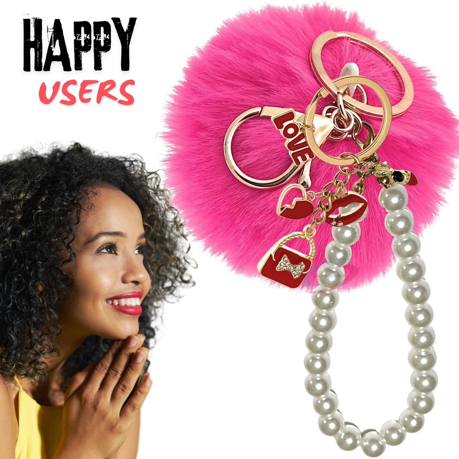 iAccessories Fluffy Faux Fur Pearl Fashion Pom Pom Keychain Charm for Girls Bags, Wallets and Luggage – Hot Pink-7