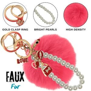 Rose Pink Fluffy Faux Fur Heart Pom Pom Keychain with Pearl – iAccessories Cute Bag Charm for Girls