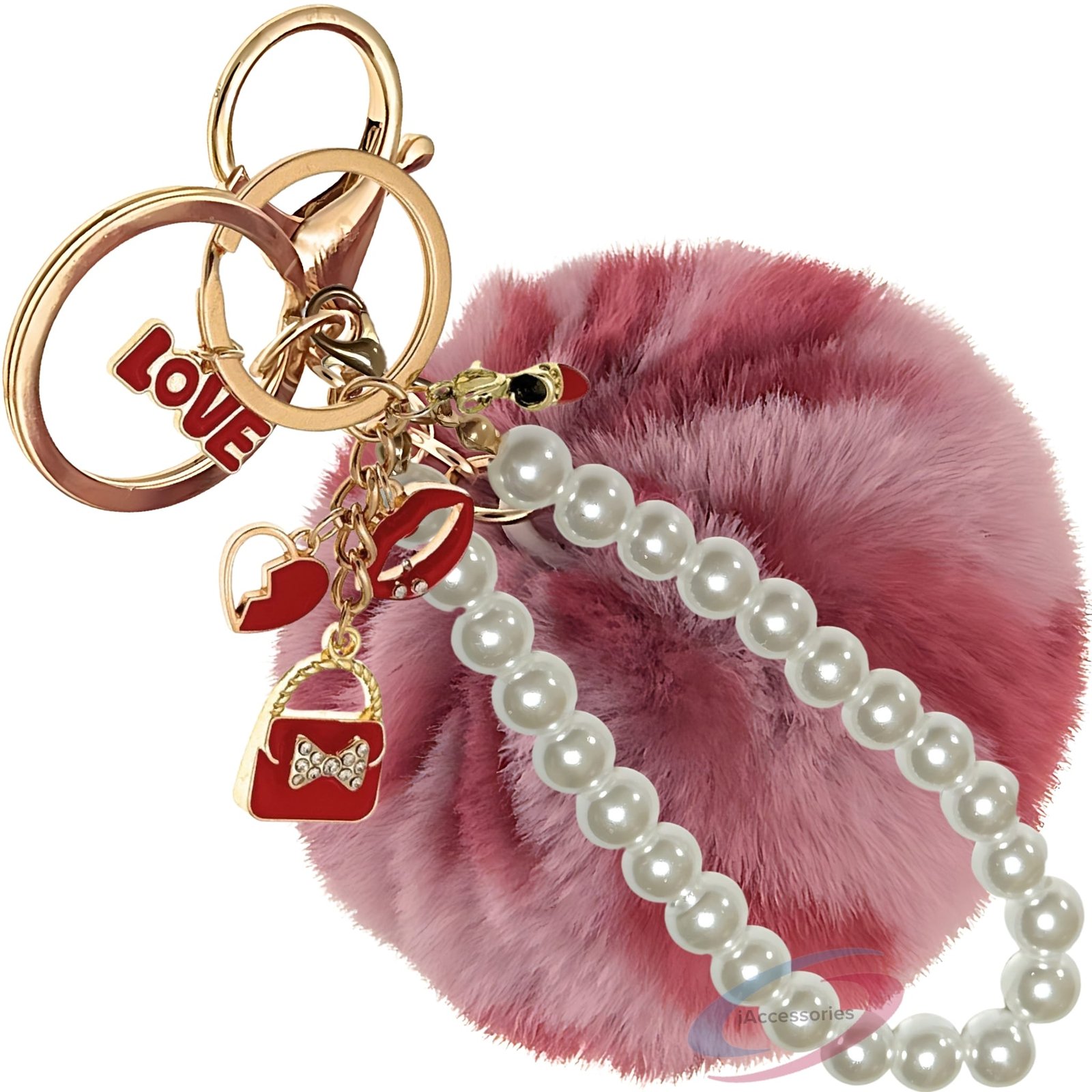 iAccessories Fluffy Faux Fur Pearl Fashion Pom Pom Keychain Charm for Girls Bags, Wallets and Luggage – Rose Lepo-1
