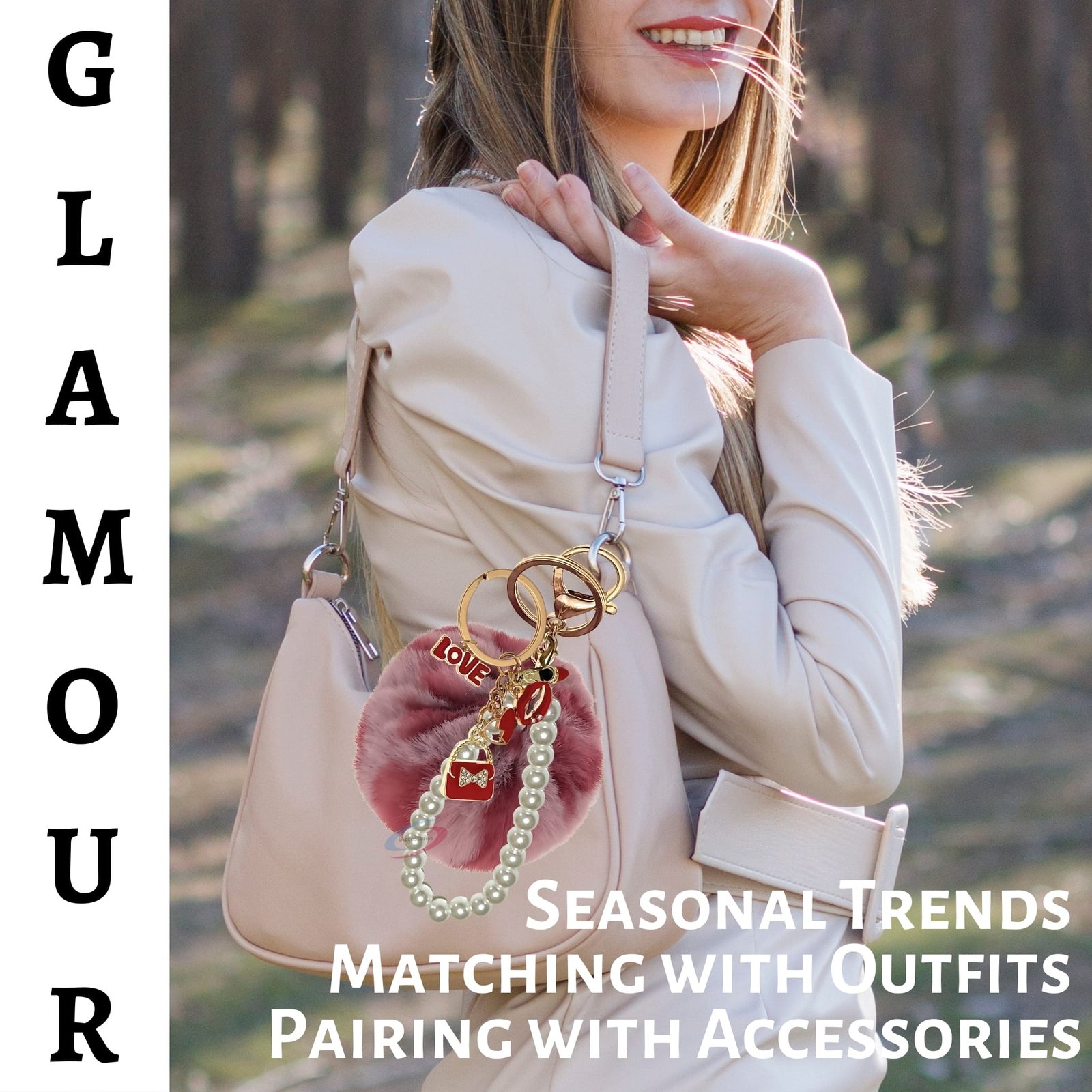 iAccessories Fluffy Faux Fur Pearl Fashion Pom Pom Keychain Charm for Girls Bags, Wallets and Luggage – Rose Lepo-2