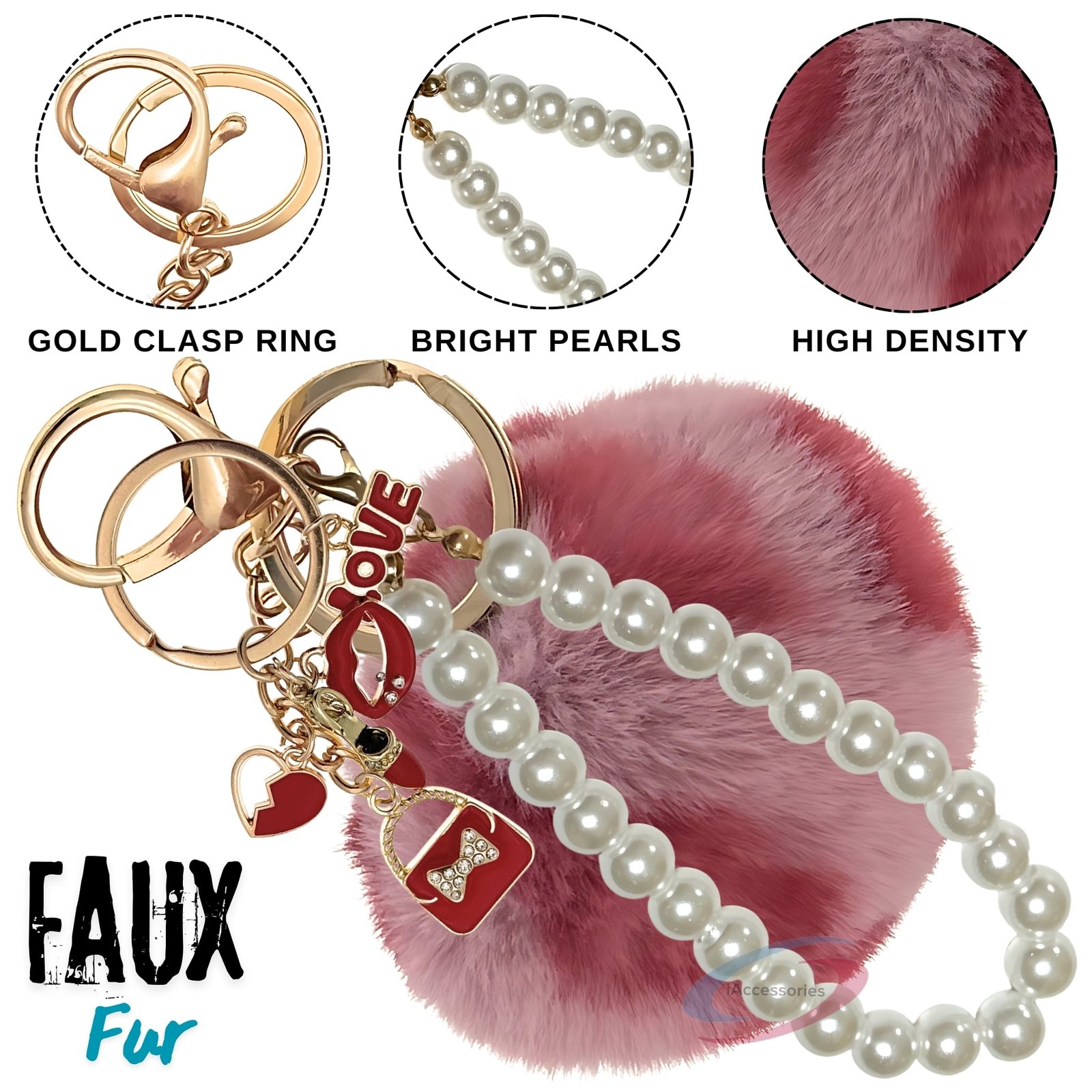iAccessories Fluffy Faux Fur Pearl Fashion Pom Pom Keychain Charm for Girls Bags, Wallets and Luggage – Rose Lepo-3