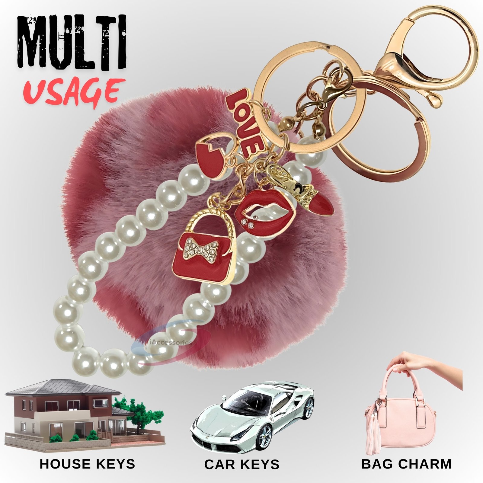 iAccessories Fluffy Faux Fur Pearl Fashion Pom Pom Keychain Charm for Girls Bags, Wallets and Luggage - Rose Lepo-5