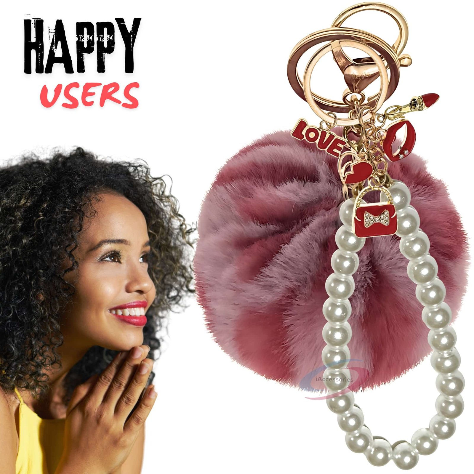 iAccessories Fluffy Faux Fur Pearl Fashion Pom Pom Keychain Charm for Girls Bags, Wallets and Luggage – Rose Lepo-7
