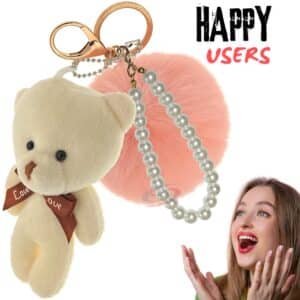 Baby Pink & White Teddy Pom Pom Keychain – iAccessories Faux Fur Pearl Key Ring for Girls