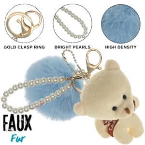 Light Blue & White Teddy Pom Pom Key Ring – iAccessories Fluffy Faux Fur Pearl Keychain for Girls