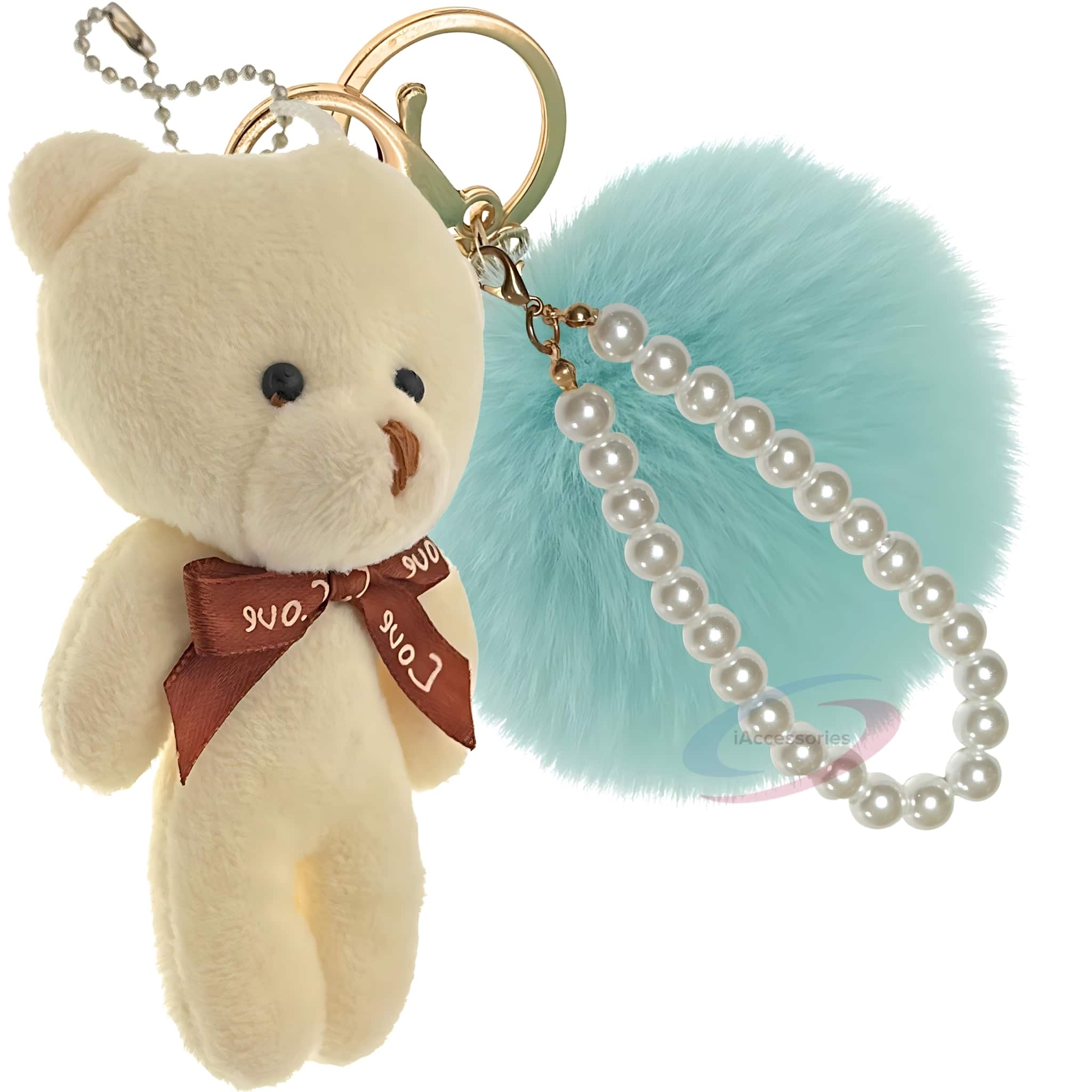 iAccessories Fluffy Faux Fur Pearl Teddy Pom Pom Key Ring Keychain Charm for Girls Bags, Wallets and Luggage – Mint Green_White-1