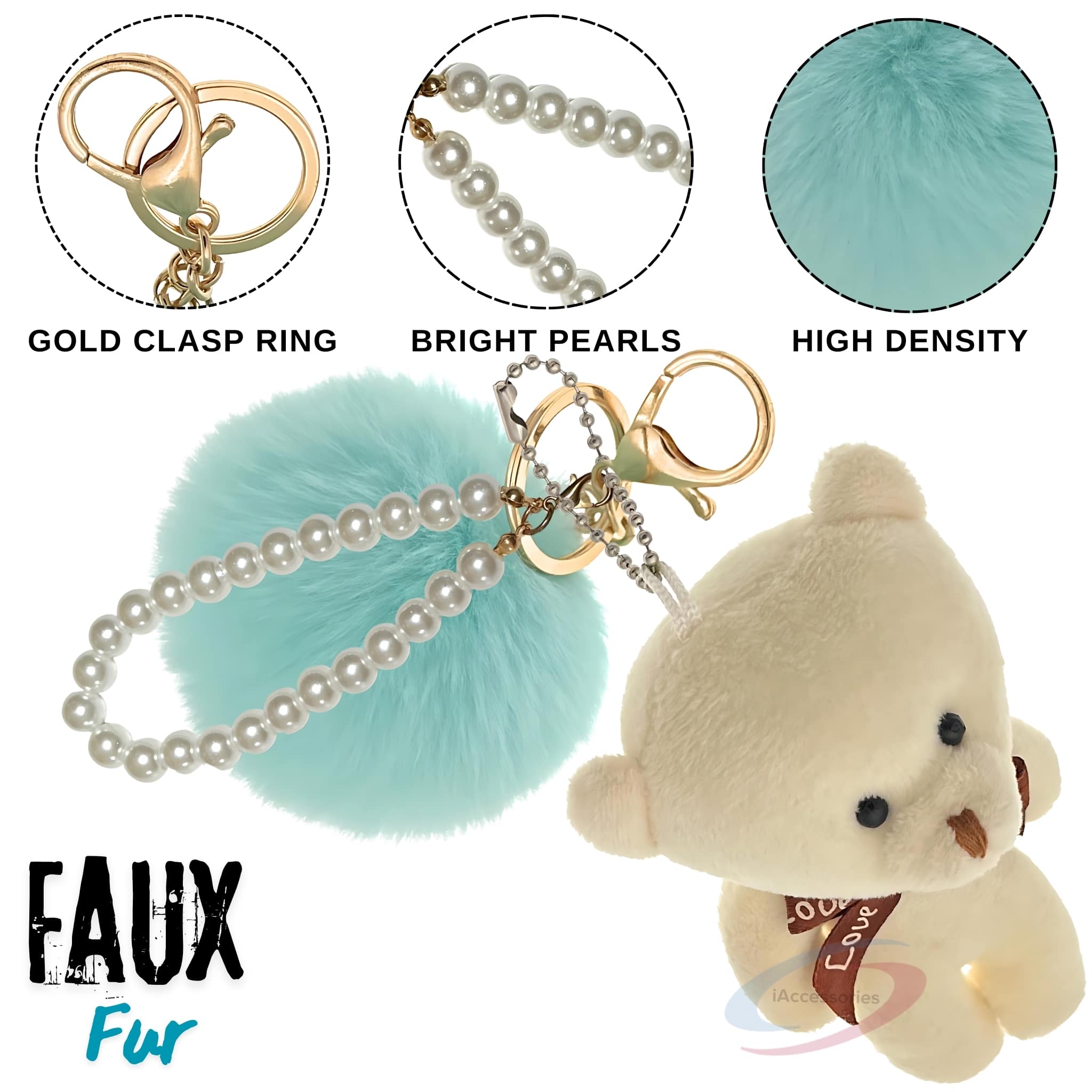 iAccessories Fluffy Faux Fur Pearl Teddy Pom Pom Key Ring Keychain Charm for Girls Bags, Wallets and Luggage – Mint Green_White-3