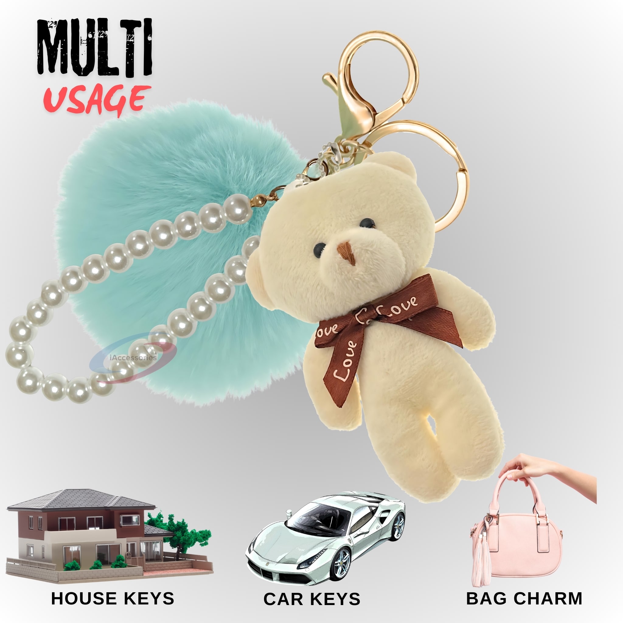 iAccessories Fluffy Faux Fur Pearl Teddy Pom Pom Key Ring Keychain Charm for Girls Bags, Wallets and Luggage – Mint Green_White-5