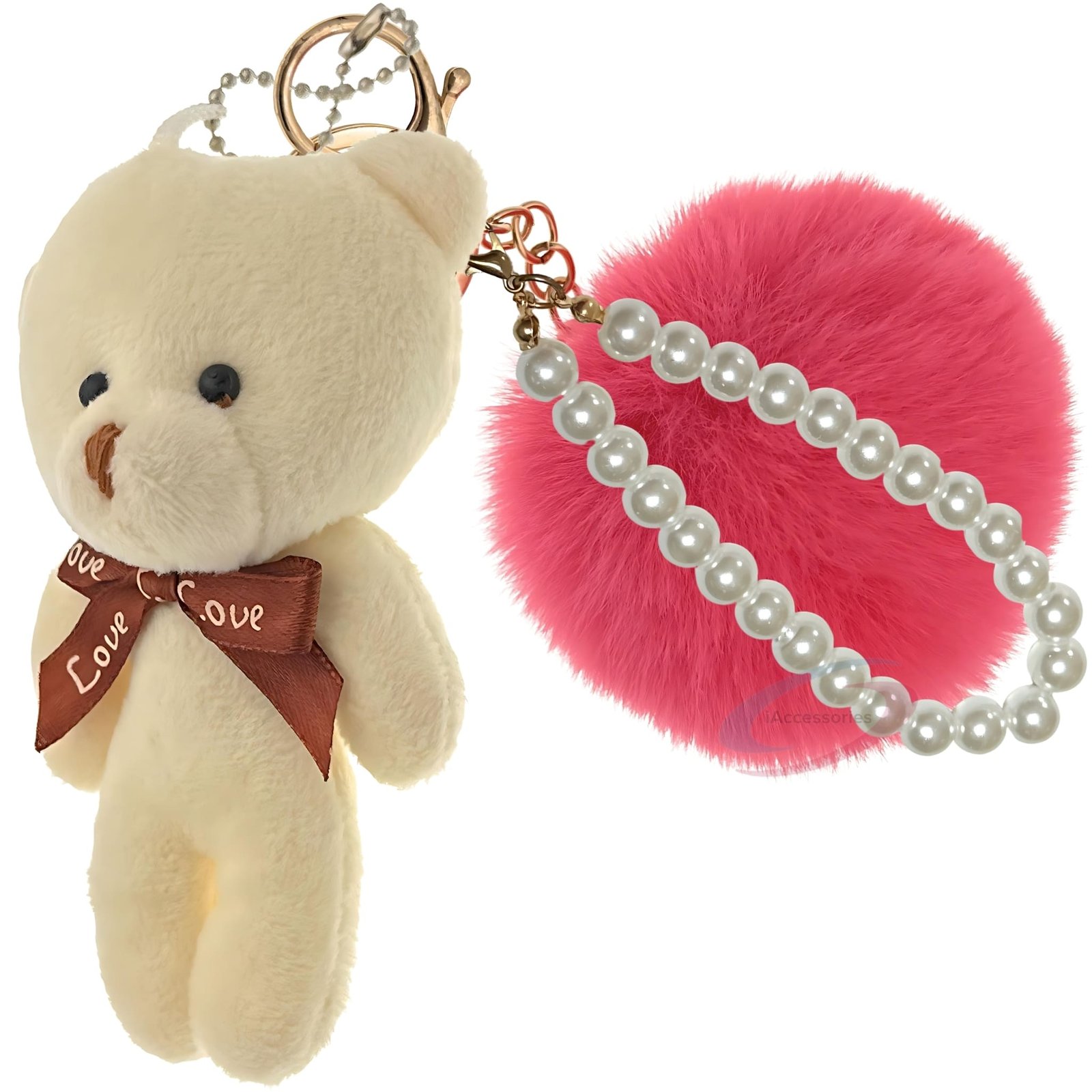 iAccessories Fluffy Faux Fur Pearl Teddy Pom Pom Key Ring Keychain Charm for Girls Bags, Wallets and Luggage – Rose_White-1