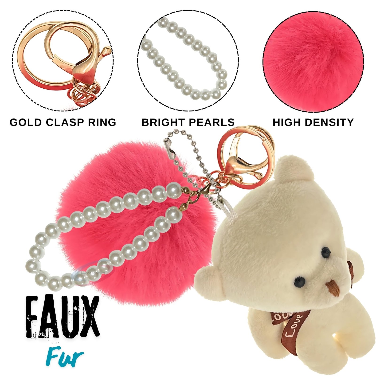 iAccessories Fluffy Faux Fur Pearl Teddy Pom Pom Key Ring Keychain Charm for Girls Bags, Wallets and Luggage – Rose_White-3