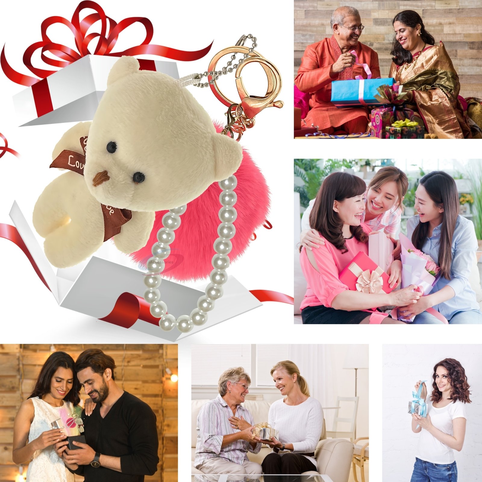 iAccessories Fluffy Faux Fur Pearl Teddy Pom Pom Key Ring Keychain Charm for Girls Bags, Wallets and Luggage – Rose_White-4