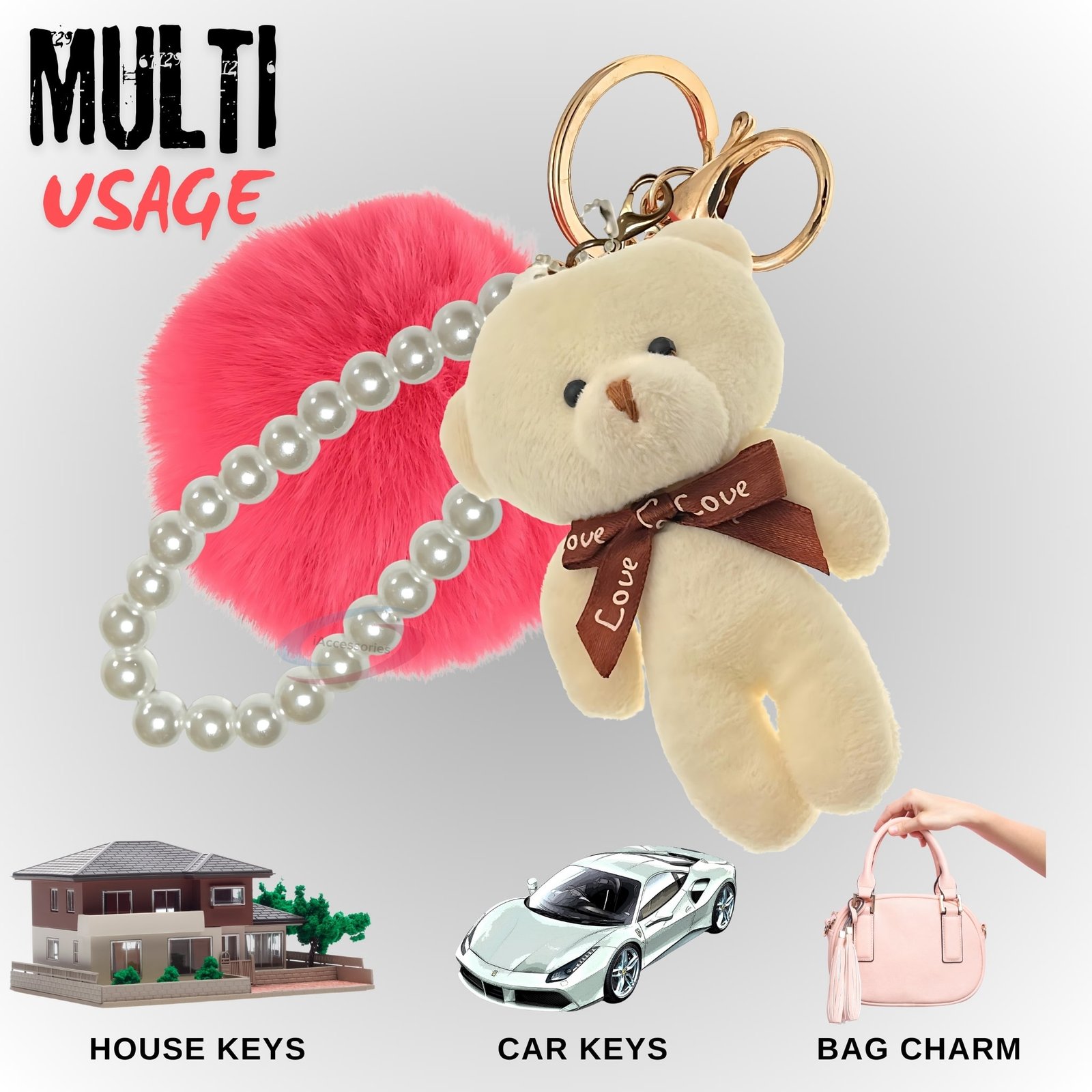 iAccessories Fluffy Faux Fur Pearl Teddy Pom Pom Key Ring Keychain Charm for Girls Bags, Wallets and Luggage – Rose_White-5