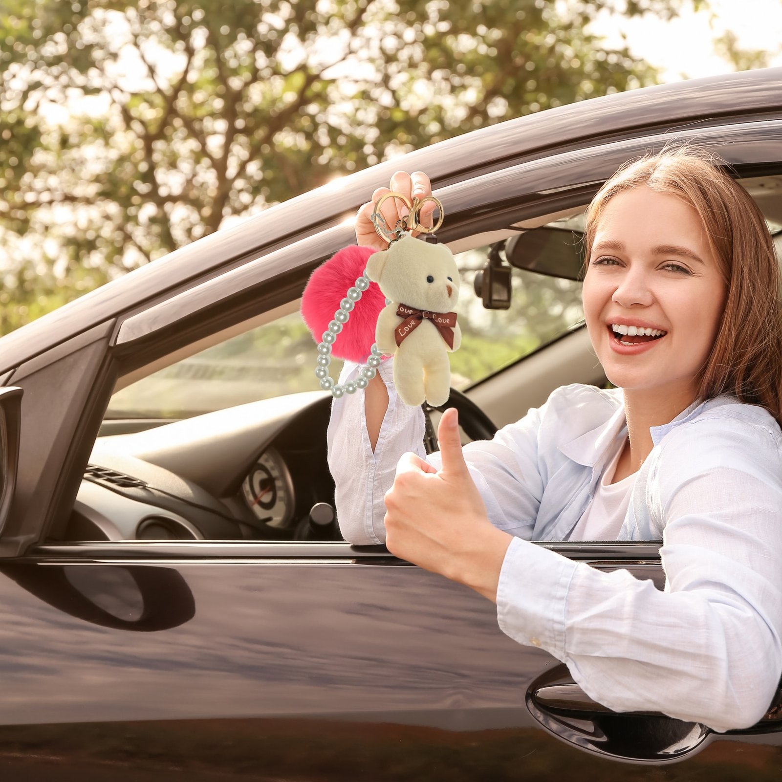 iAccessories Fluffy Faux Fur Pearl Teddy Pom Pom Key Ring Keychain Charm for Girls Bags, Wallets and Luggage – Rose_White-6