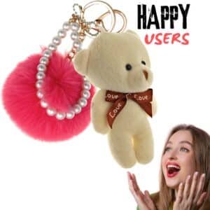 Rose White Teddy Pom Pom Key Ring – iAccessories Faux Fur Pearl Keychain Charm for Girls