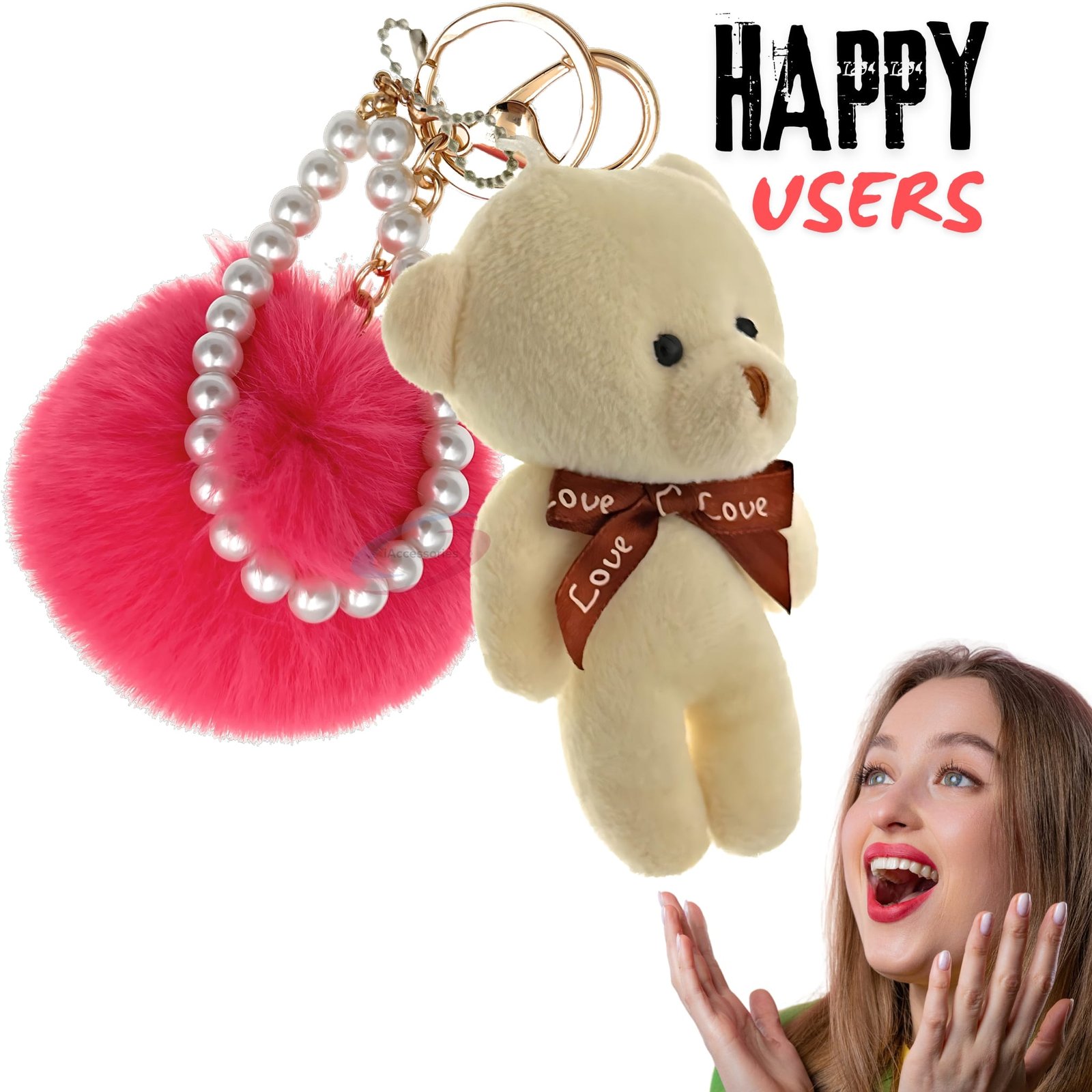 iAccessories Fluffy Faux Fur Pearl Teddy Pom Pom Key Ring Keychain Charm for Girls Bags, Wallets and Luggage - Rose_White-7