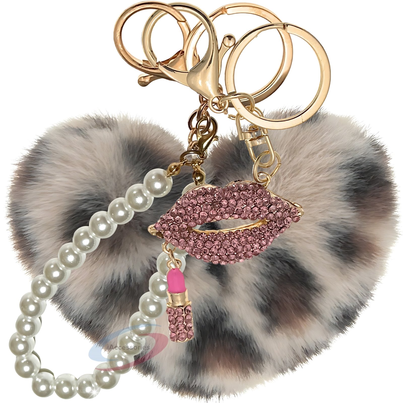 iAccessories Pearl Diamond Lips Fluffy Faux Fur Pom Pom Heart Charm for Girls Bags, Wallets and Luggage (Cream Lepo)-1