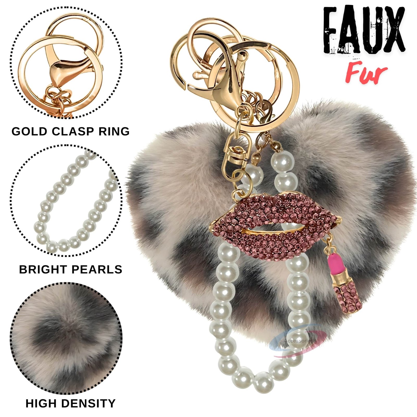 iAccessories Pearl Diamond Lips Fluffy Faux Fur Pom Pom Heart Charm for Girls Bags, Wallets and Luggage (Cream Lepo)-3