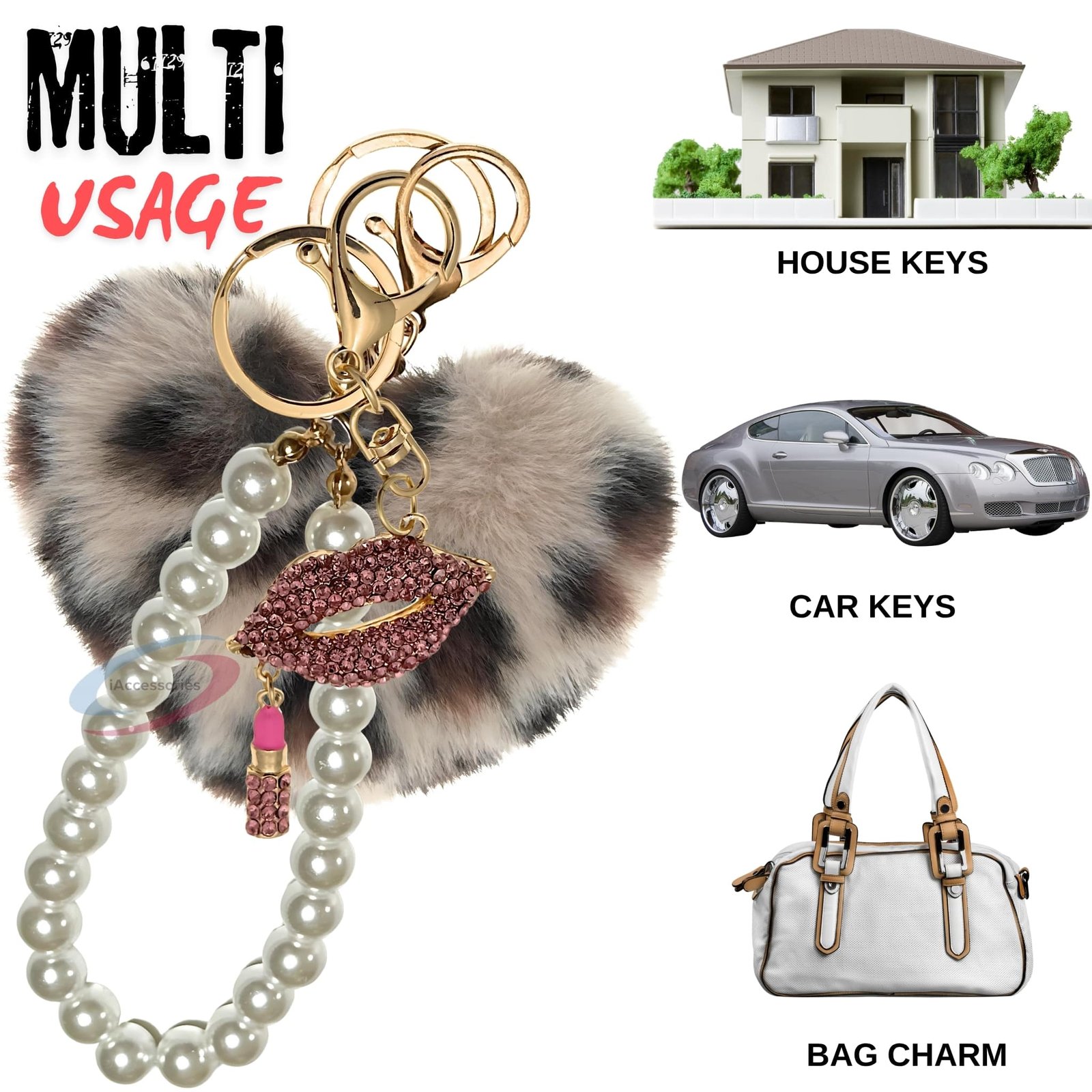 iAccessories Pearl Diamond Lips Fluffy Faux Fur Pom Pom Heart Charm for Girls Bags, Wallets and Luggage (Cream Lepo)-5