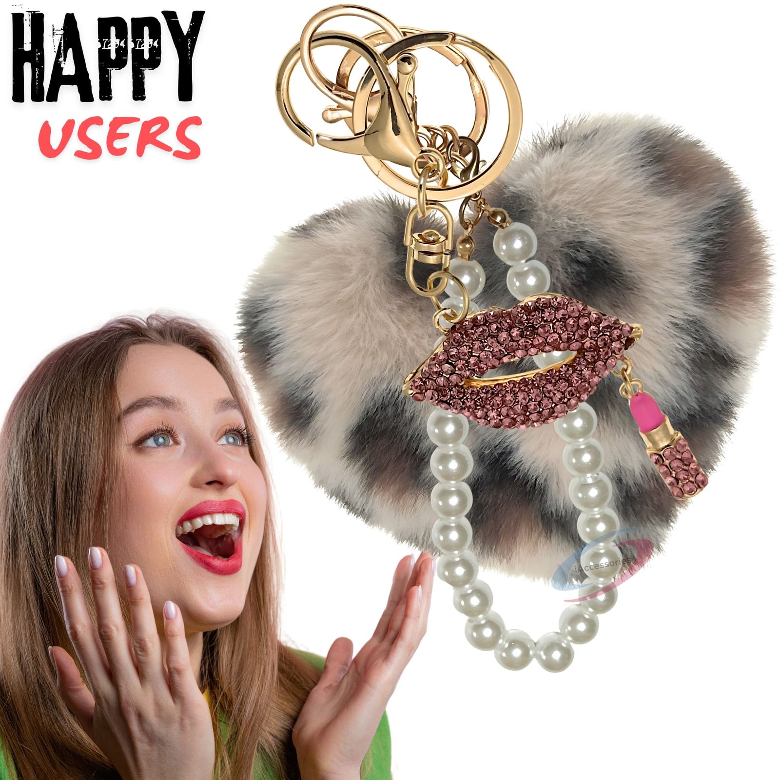 iAccessories Pearl Diamond Lips Fluffy Faux Fur Pom Pom Heart Charm for Girls Bags, Wallets and Luggage (Cream Lepo)-7