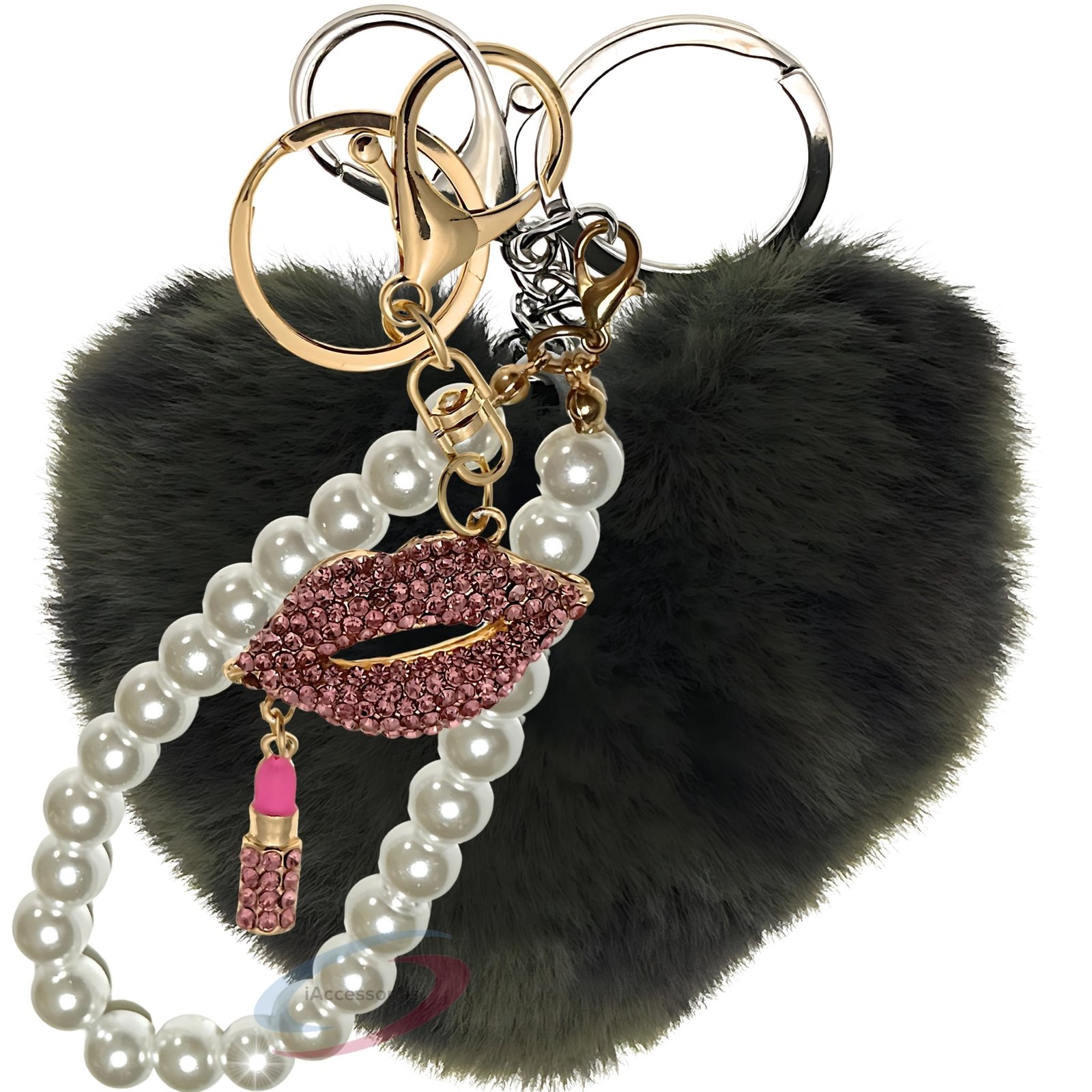 iAccessories Pearl Diamond Lips Fluffy Faux Fur Pom Pom Heart Charm for Girls Bags, Wallets and Luggage (Dark Green Lepo)-1