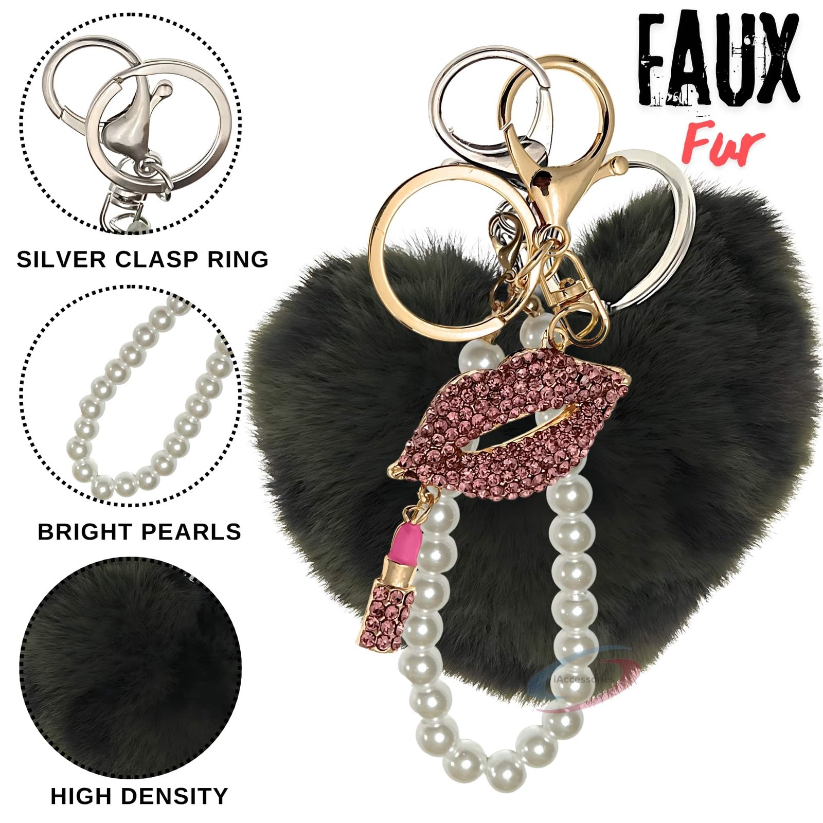iAccessories Pearl Diamond Lips Fluffy Faux Fur Pom Pom Heart Charm for Girls Bags, Wallets and Luggage (Dark Green Lepo)-3