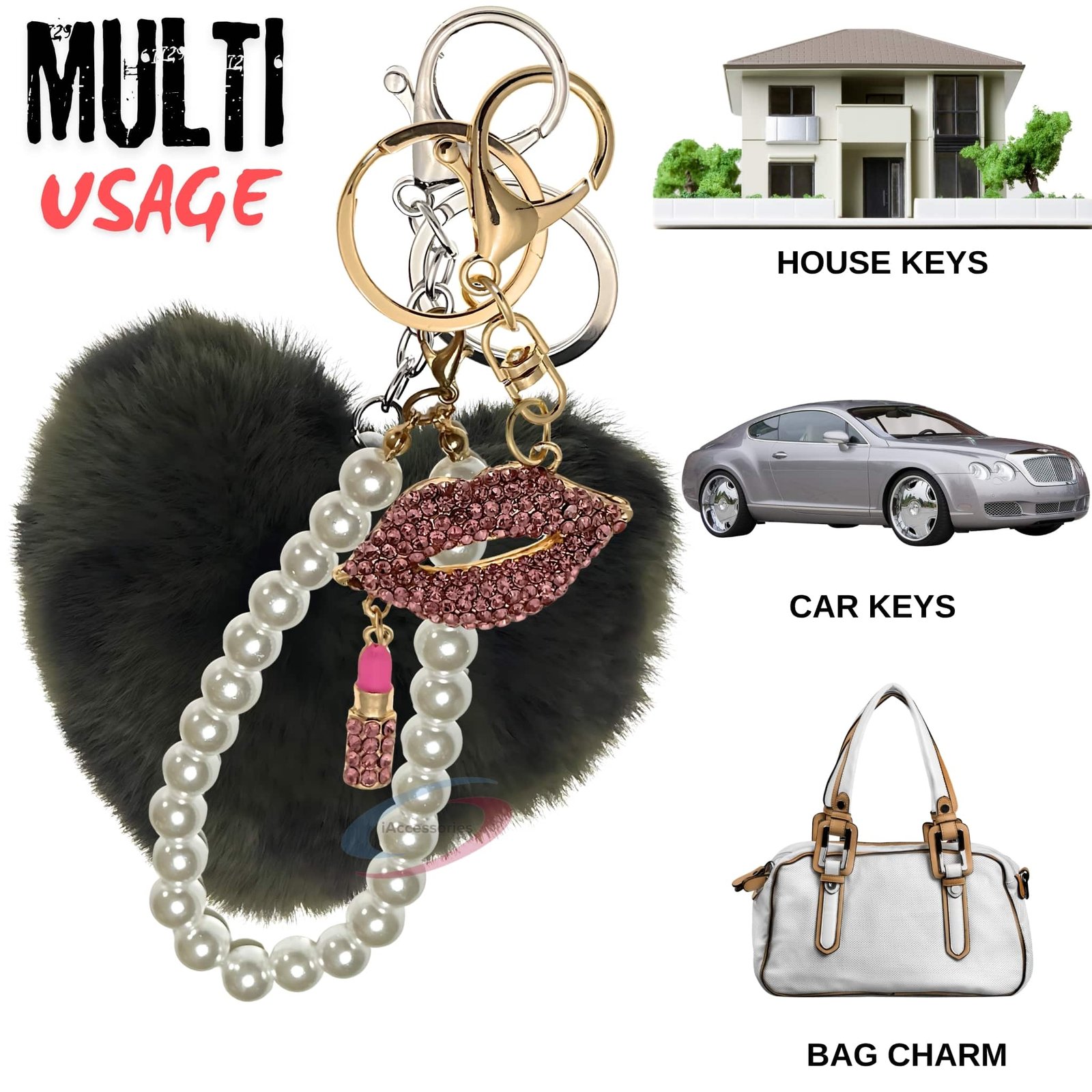 iAccessories Pearl Diamond Lips Fluffy Faux Fur Pom Pom Heart Charm for Girls Bags, Wallets and Luggage (Dark Green Lepo)-5