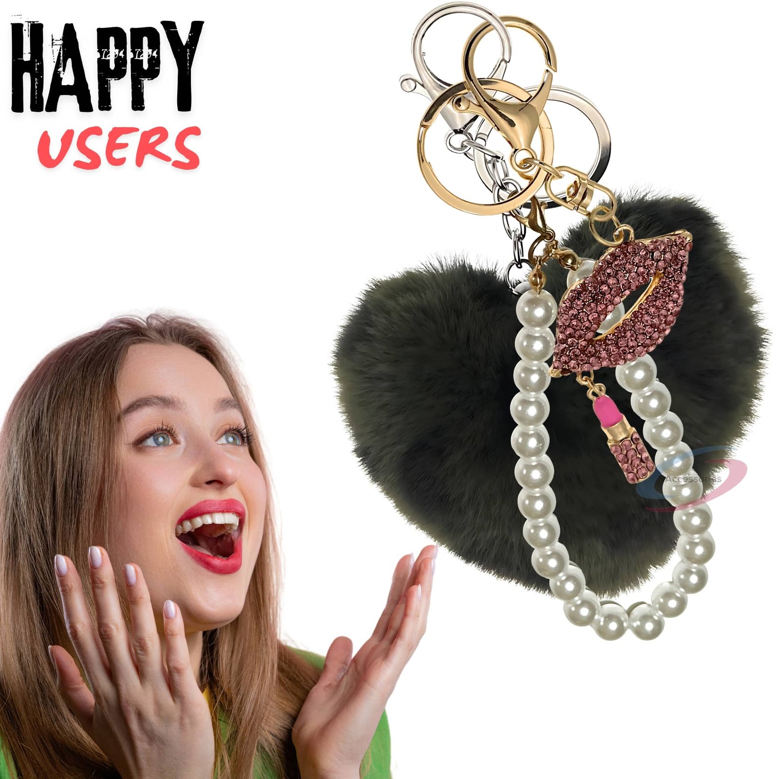 iAccessories Pearl Diamond Lips Fluffy Faux Fur Pom Pom Heart Charm for Girls Bags, Wallets and Luggage (Dark Green Lepo)-7