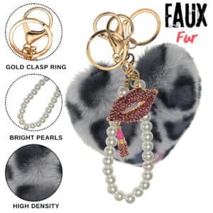 iAccessories Faux Fur Heart Keychain with Pearl & Diamond Lips Charm – Grey Lepo | Cute Bag & Key Accessory