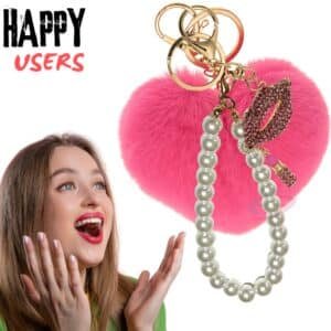 Hot Pink Fluffy Faux Fur Heart Pom Pom Keychain with Pearl & Diamond Lips – iAccessories Bag Charm for Girls