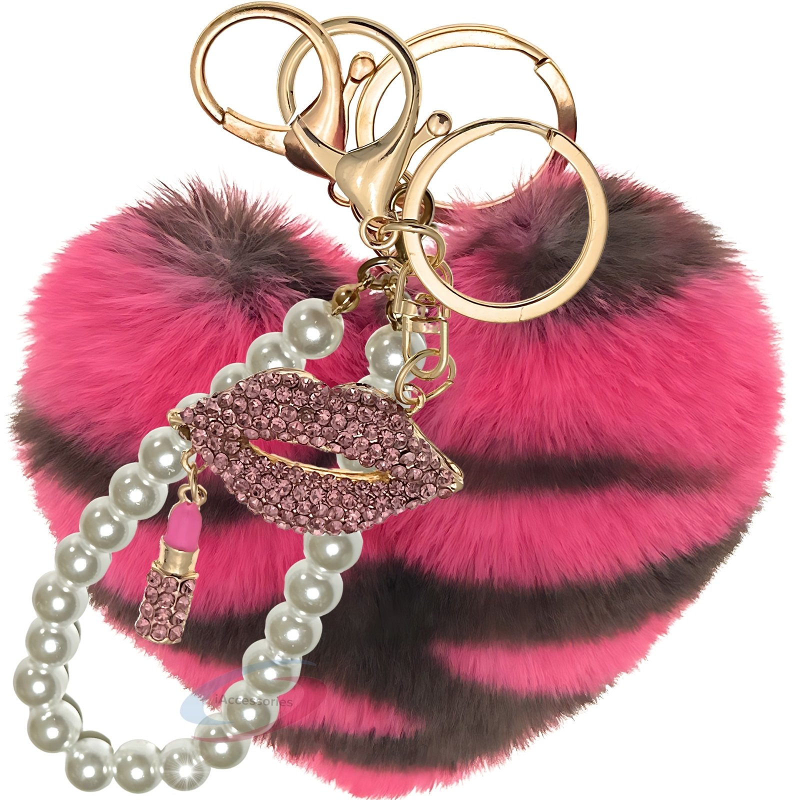 iAccessories Pearl Diamond Lips Fluffy Faux Fur Pom Pom Heart Charm for Girls Bags, Wallets and Luggage (Hot Pink Lepo)-1
