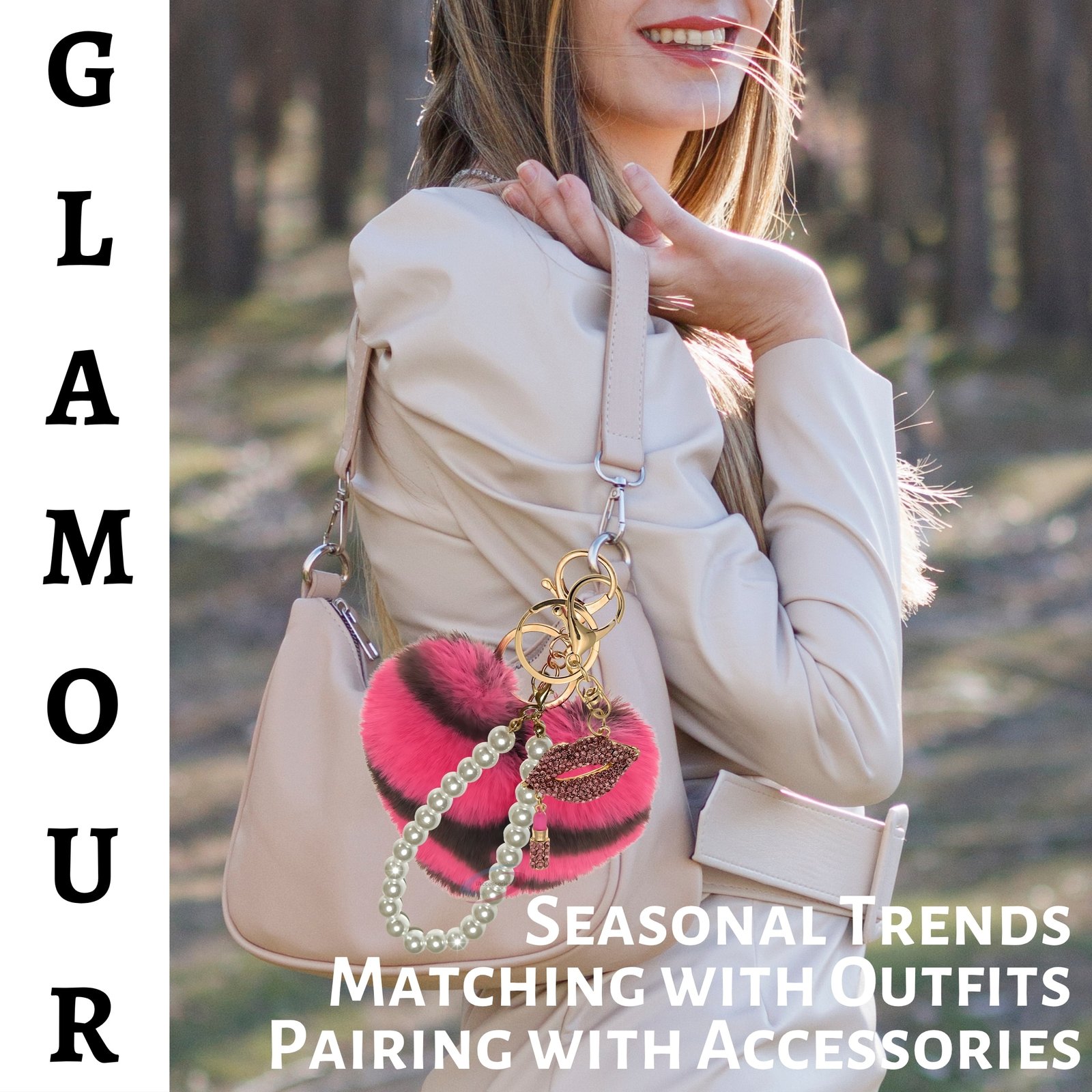 iAccessories Pearl Diamond Lips Fluffy Faux Fur Pom Pom Heart Charm for Girls Bags, Wallets and Luggage (Hot Pink Lepo)-2