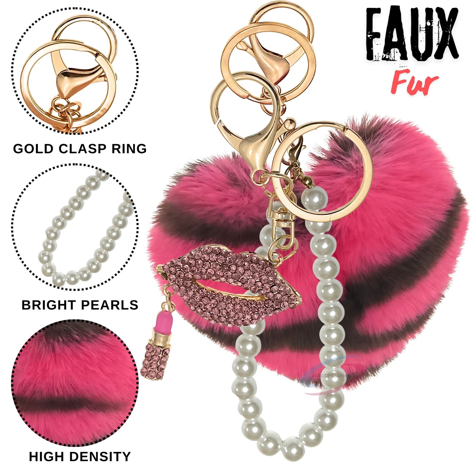 iAccessories Pearl Diamond Lips Fluffy Faux Fur Pom Pom Heart Charm for Girls Bags, Wallets and Luggage (Hot Pink Lepo)-3