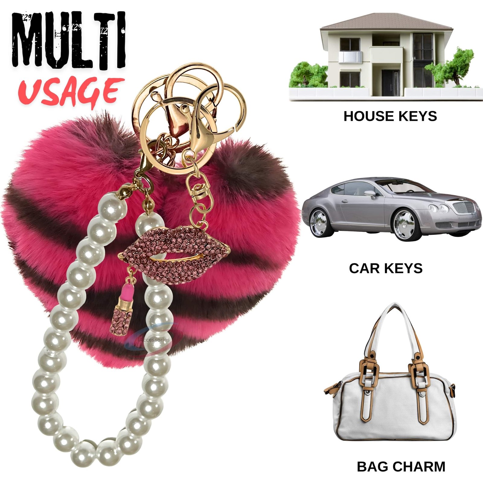 iAccessories Pearl Diamond Lips Fluffy Faux Fur Pom Pom Heart Charm for Girls Bags, Wallets and Luggage (Hot Pink Lepo)-5