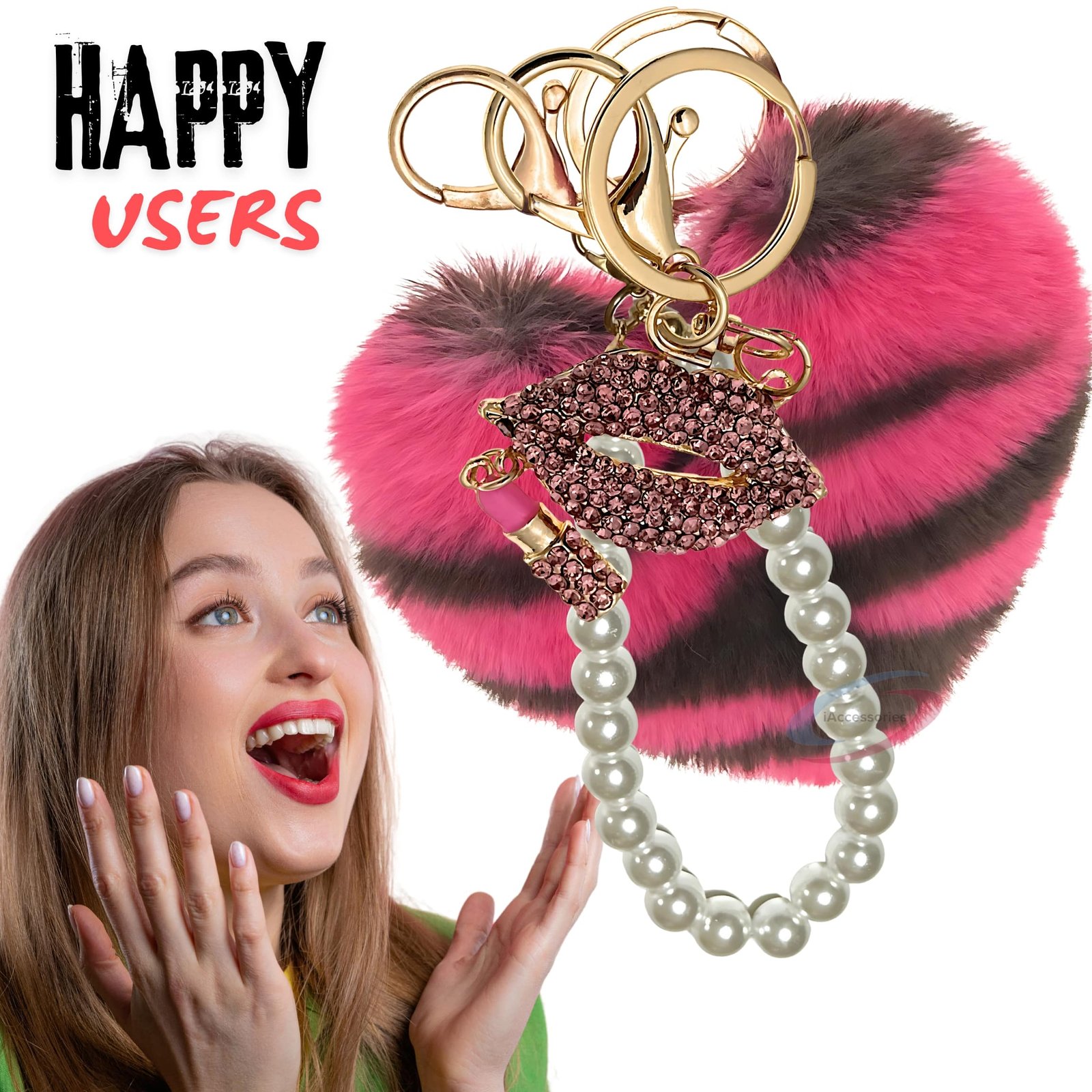 iAccessories Pearl Diamond Lips Fluffy Faux Fur Pom Pom Heart Charm for Girls Bags, Wallets and Luggage (Hot Pink Lepo)-7
