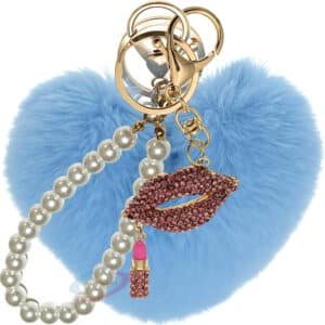 Light Blue Fluffy Faux Fur Heart Pom Pom Keychain with Diamond Lips & Pearl – iAccessories Bag Charm for Girls