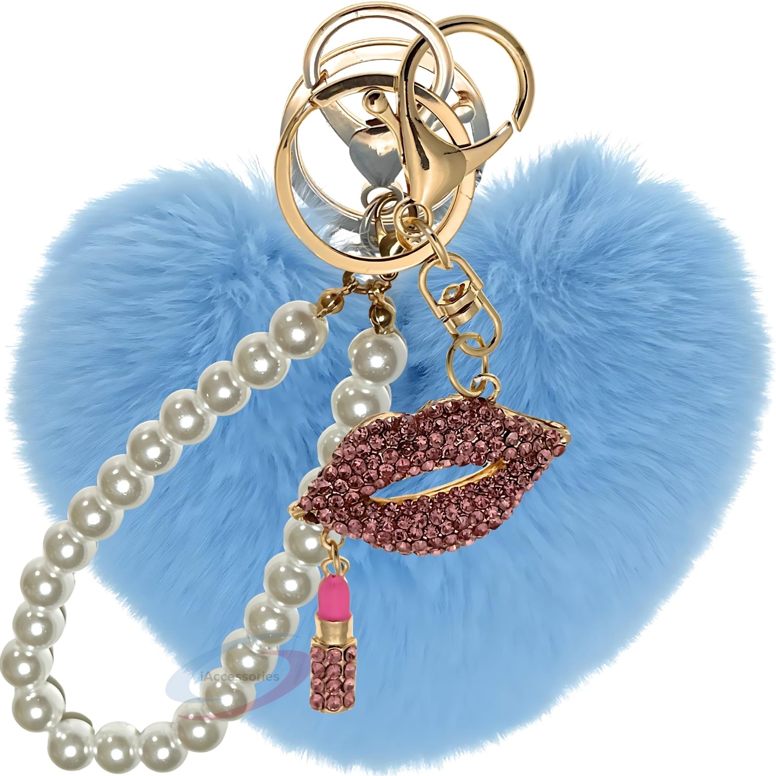 iAccessories Pearl Diamond Lips Fluffy Faux Fur Pom Pom Heart Charm for Girls Bags, Wallets and Luggage (Light Blue)-1