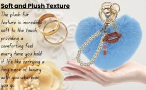 Main view of the Light Blue Faux Fur Heart Keychain with Diamond Lips