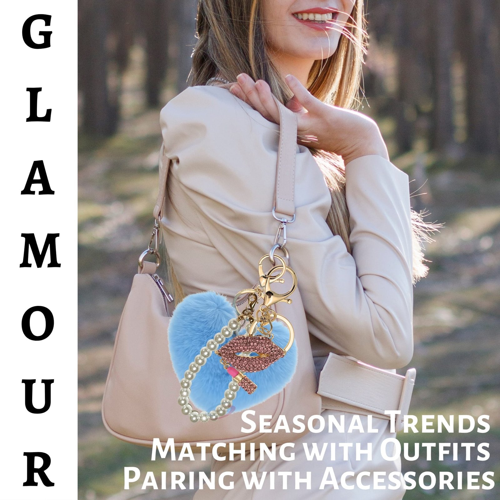 iAccessories Pearl Diamond Lips Fluffy Faux Fur Pom Pom Heart Charm for Girls Bags, Wallets and Luggage (Light Blue)-2