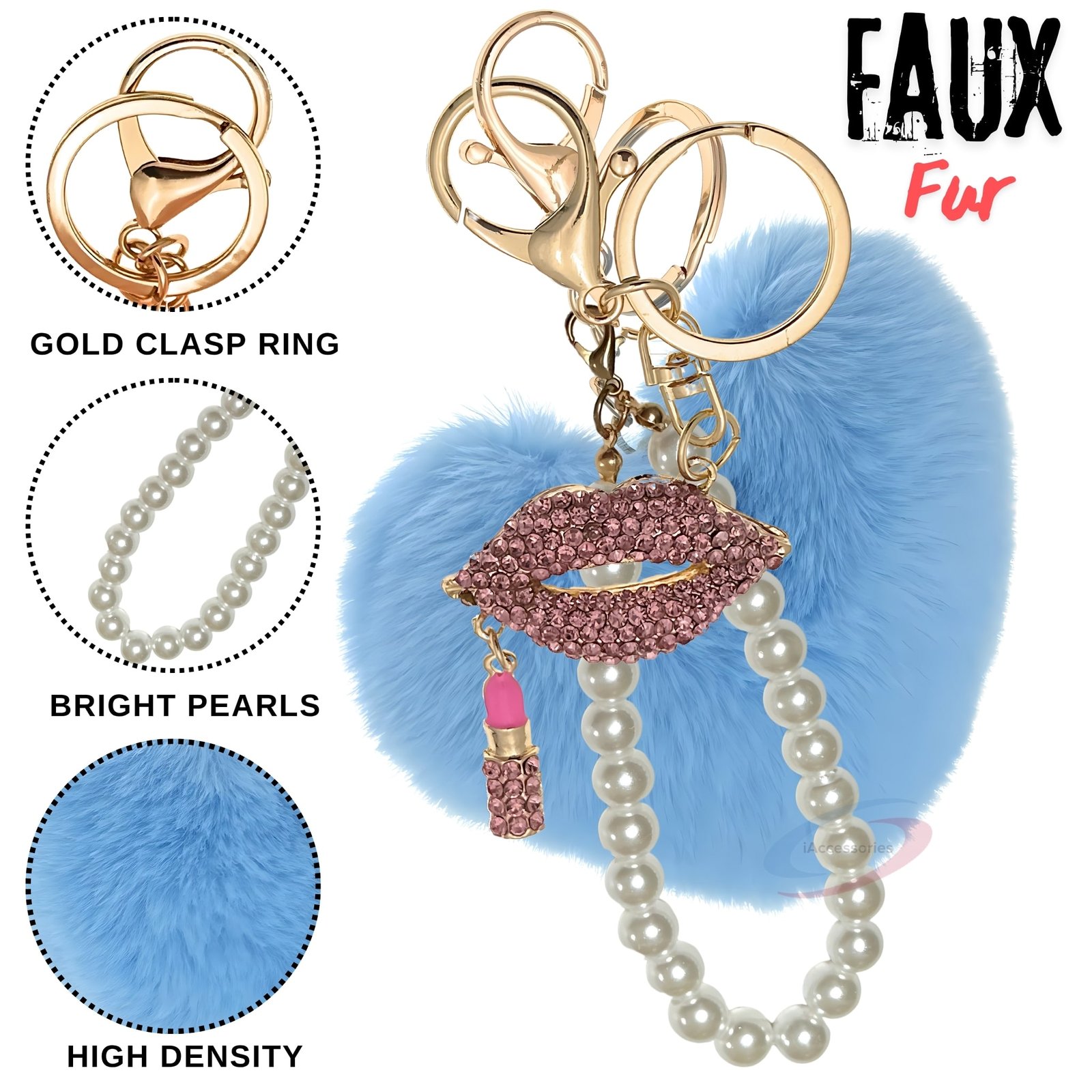 iAccessories Pearl Diamond Lips Fluffy Faux Fur Pom Pom Heart Charm for Girls Bags, Wallets and Luggage (Light Blue)-3