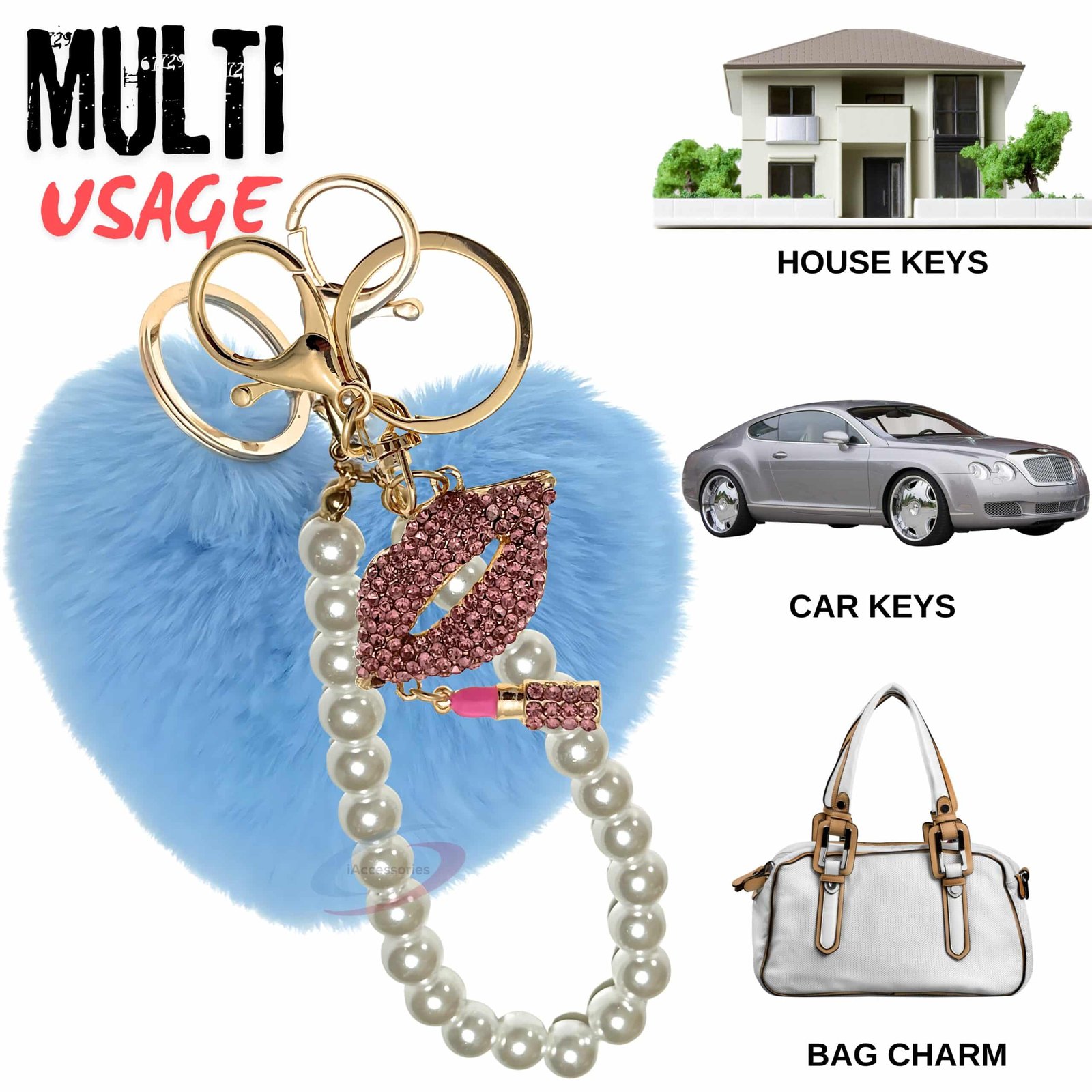 iAccessories Pearl Diamond Lips Fluffy Faux Fur Pom Pom Heart Charm for Girls Bags, Wallets and Luggage (Light Blue)-5