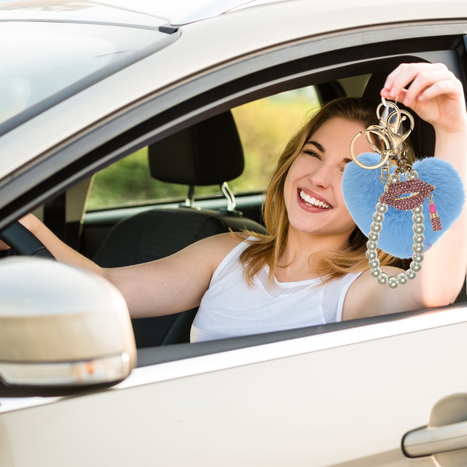 iAccessories Pearl Diamond Lips Fluffy Faux Fur Pom Pom Heart Charm for Girls Bags, Wallets and Luggage (Light Blue)-6