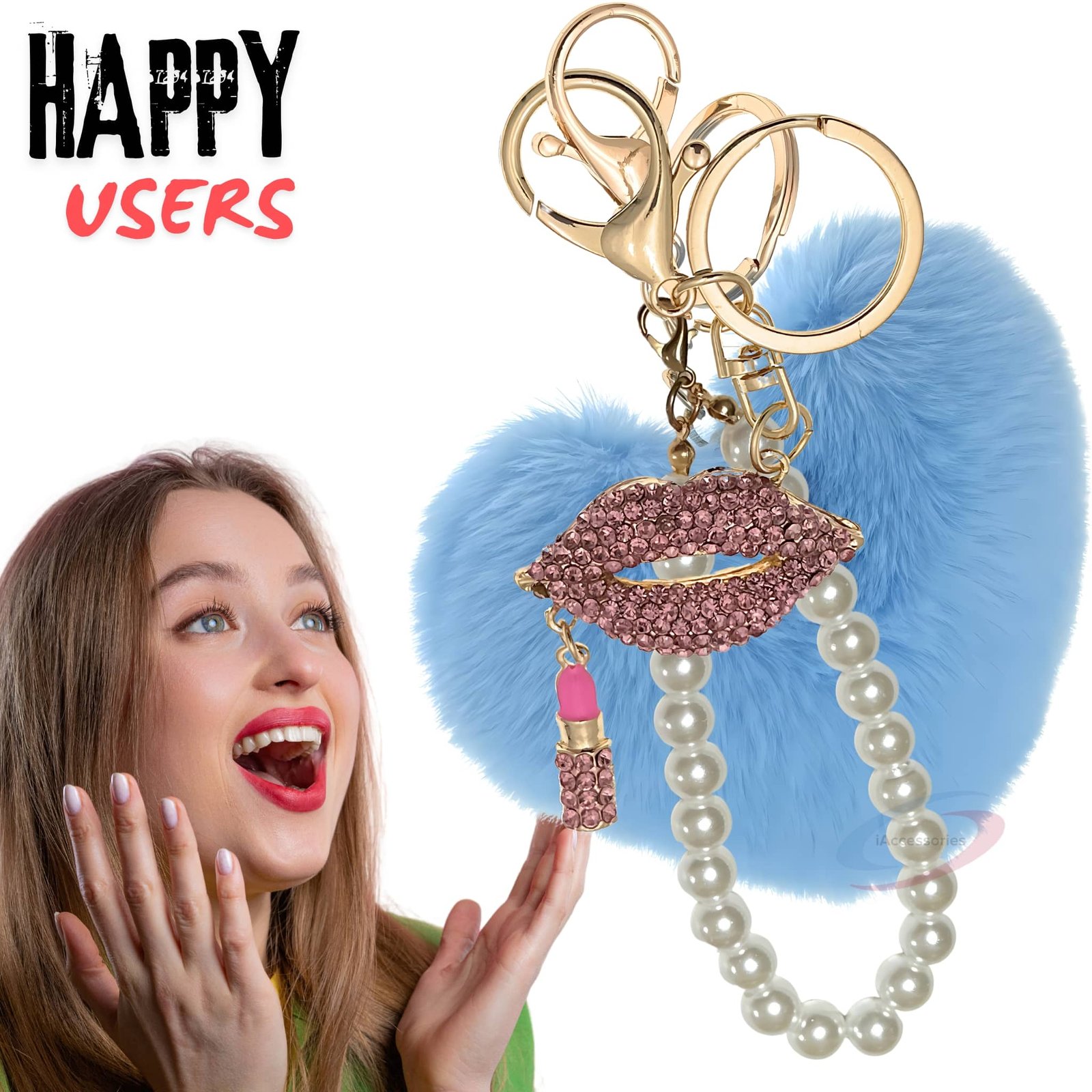 iAccessories Pearl Diamond Lips Fluffy Faux Fur Pom Pom Heart Charm for Girls Bags, Wallets and Luggage (Light Blue)-7