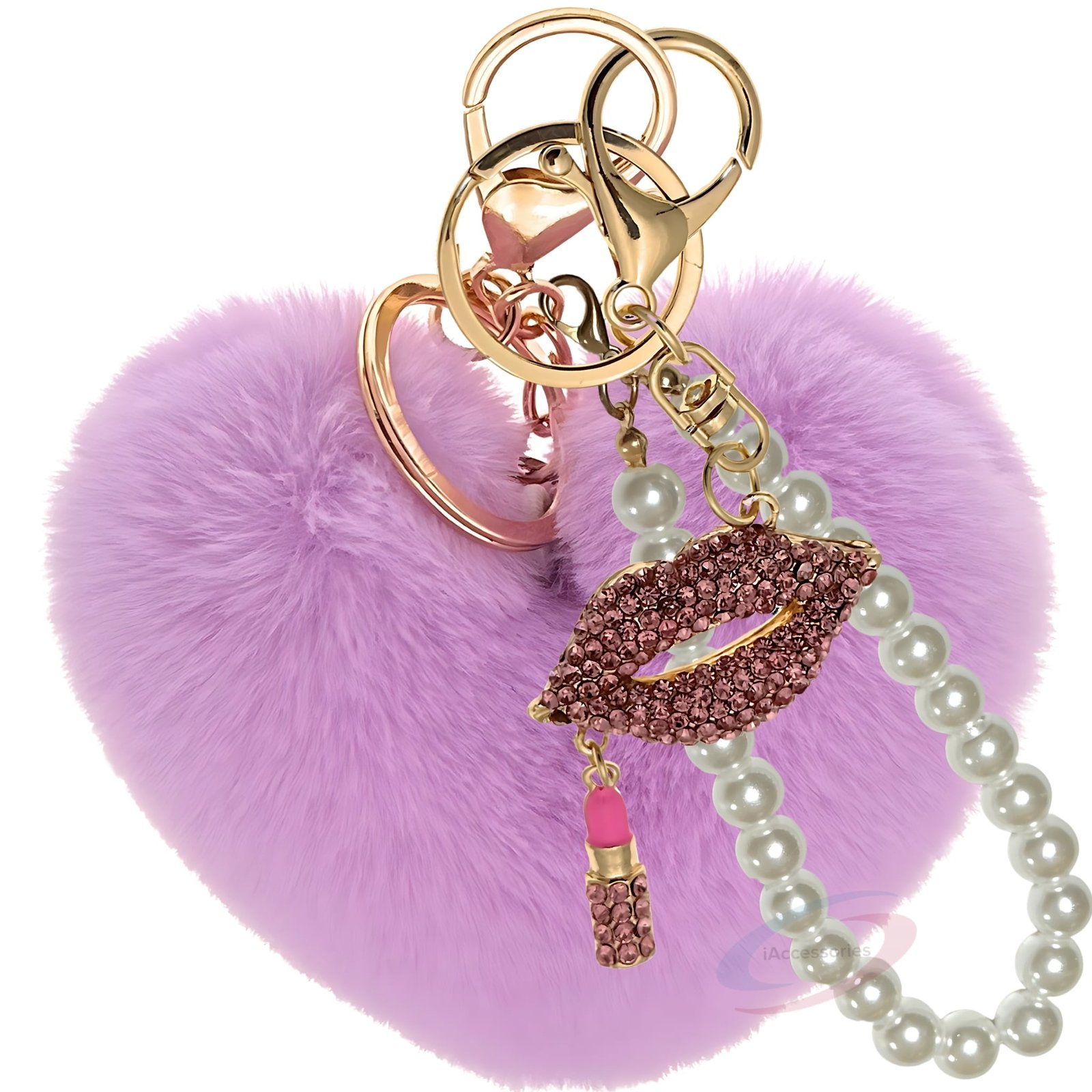 iAccessories Pearl Diamond Lips Fluffy Faux Fur Pom Pom Heart Charm for Girls Bags, Wallets and Luggage (Light Purple)-1