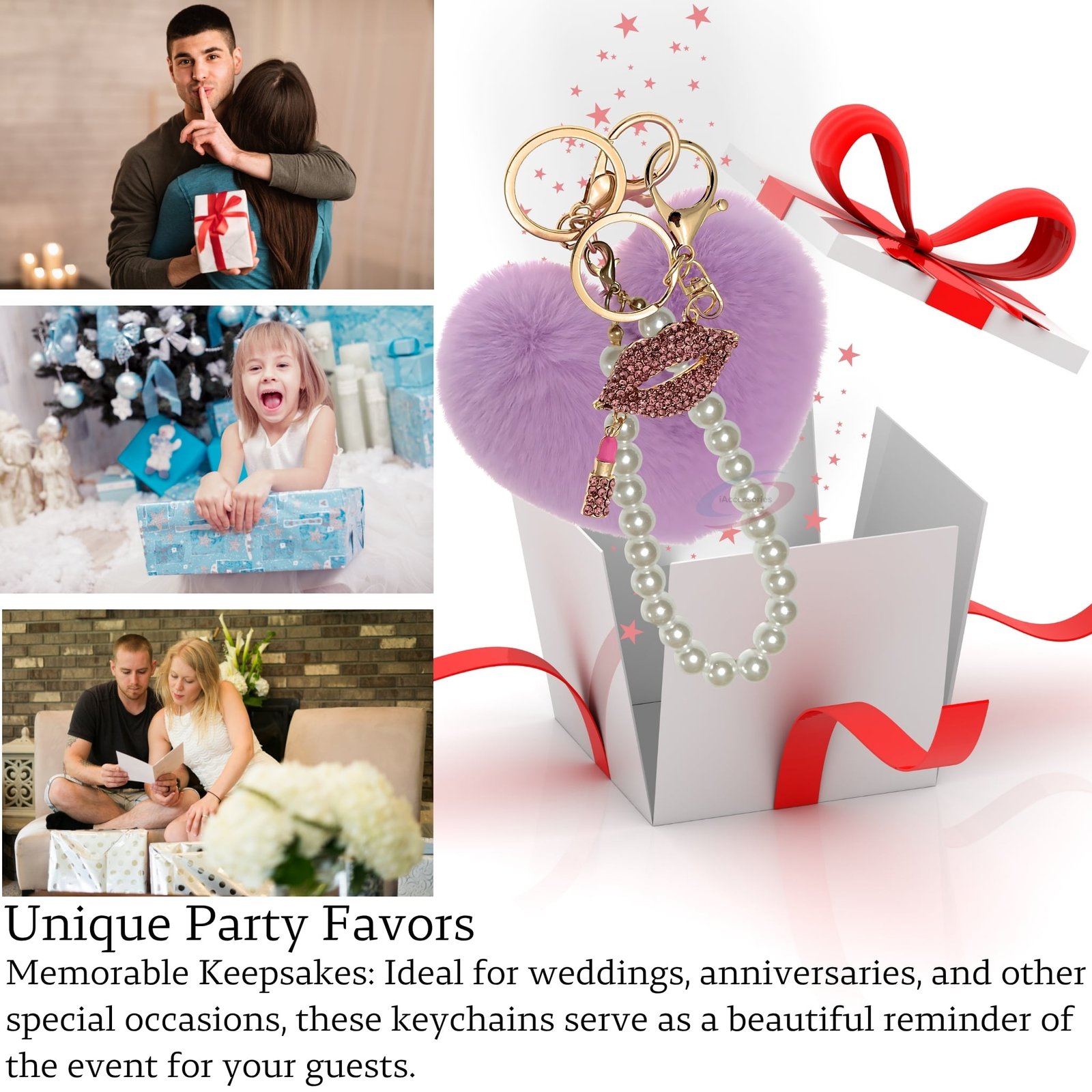 iAccessories Pearl Diamond Lips Fluffy Faux Fur Pom Pom Heart Charm for Girls Bags, Wallets and Luggage (Light Purple)-3