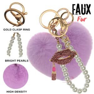 Light Purple Faux Fur Heart Keychain with Pearl & Diamond Lips Bag Charm – Cute Accessory for Girls